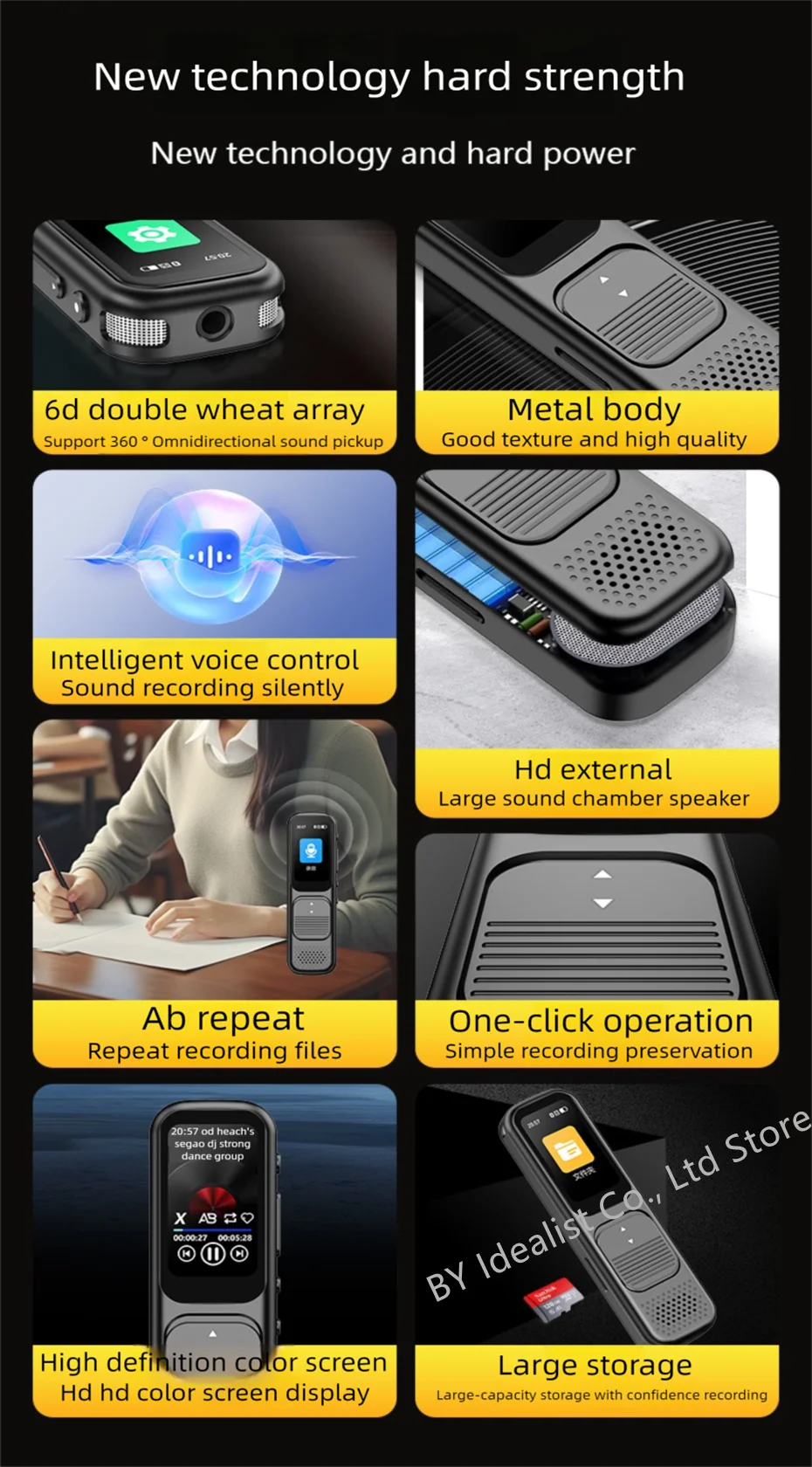 مسجل صوت رقمي 128 جيجابايت بلوتوث من الكلام إلى النص للحد من الضوضاء AB تكرار قلم تسجيل عالي الدقة مع تشغيل 8 جيجابايت مشغل MP3