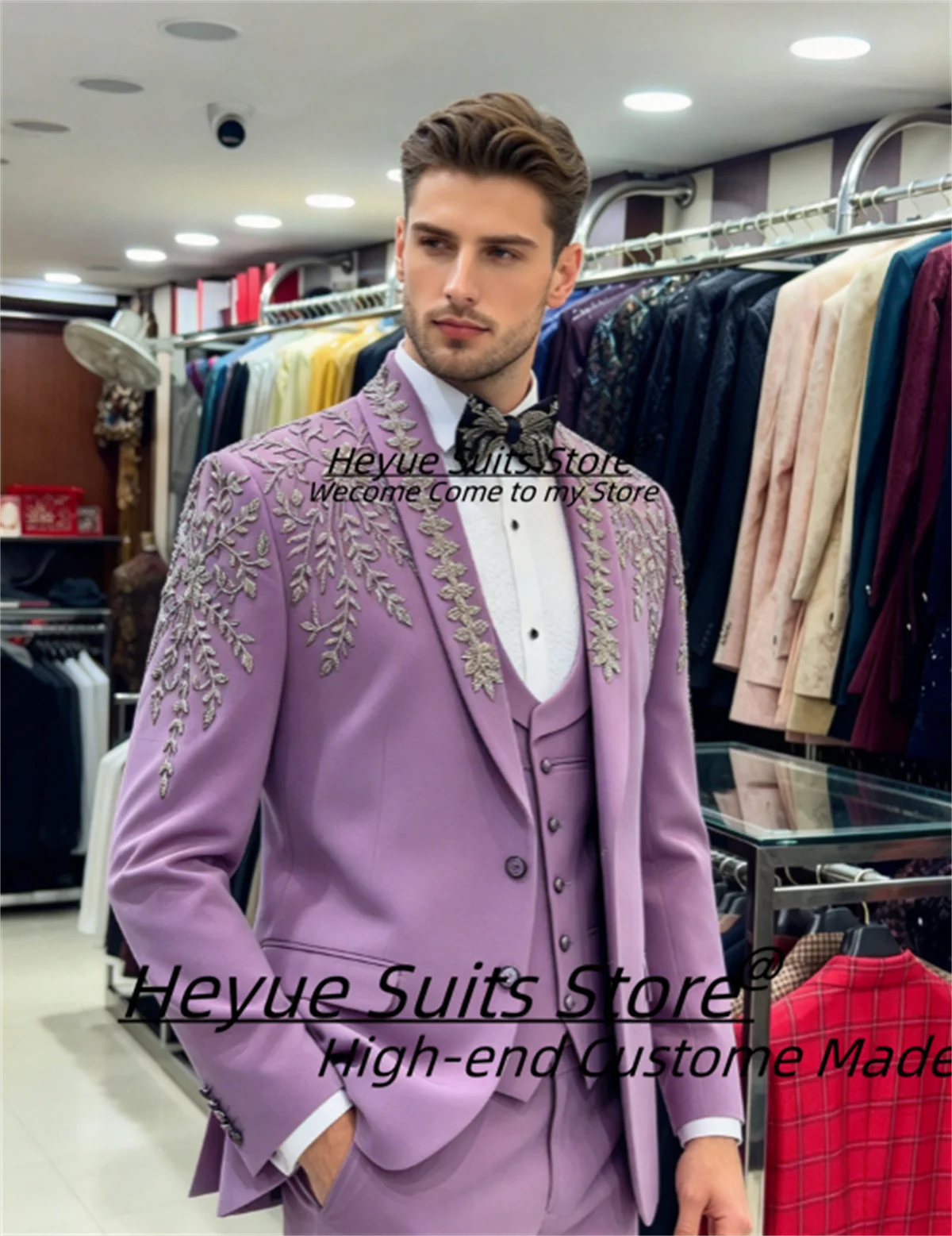 Fashion Lavender Men Suits Shiny Gold Leaf Embroidery Shawl Lapel Groom Wedding Tuxedos 2 Pieces Sets Formal Costume Homme