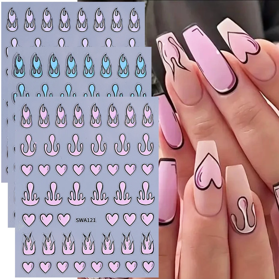 

3pcs Comic Love Heart Nail Stickers Pink Blue Cartoon Love Fire Flame Nail Decals Design DIY Summer Decor Flame Sliders Manicure
