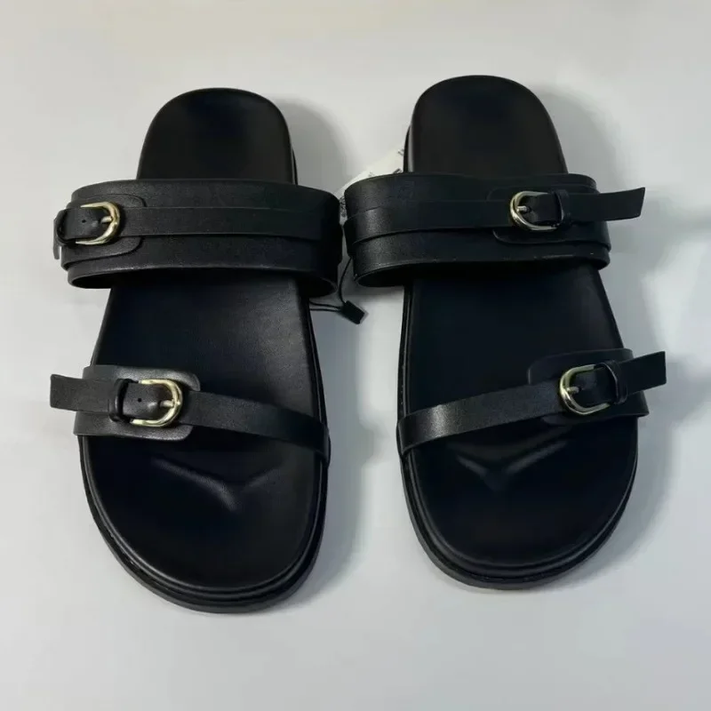 Buckle Strap Platform Slippers for Woman Classic Design Round Toe Leisure Soft Bottom Ladies Flat Shoes 2024 Summer Beach Slides