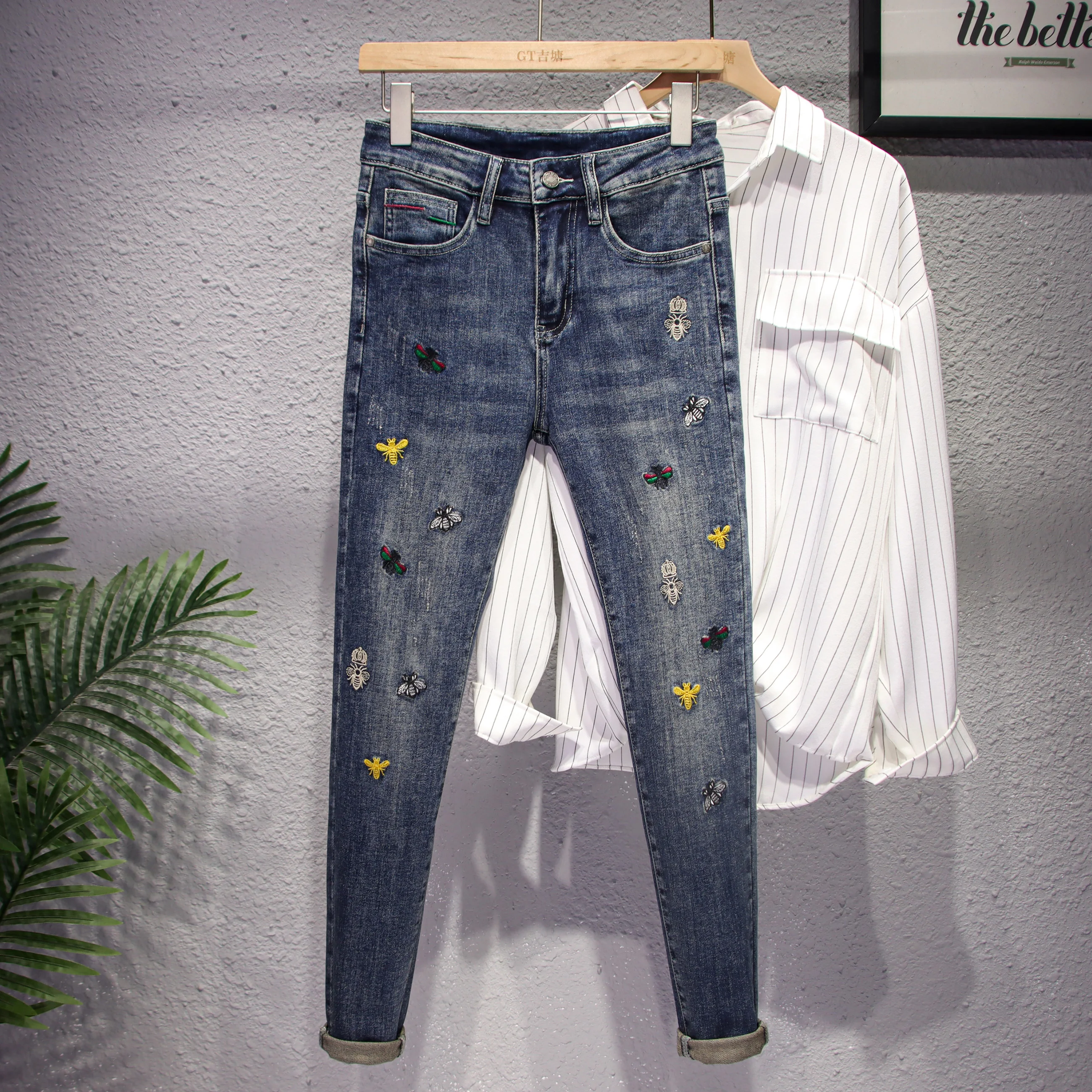 

High-End American Sle Bee Embroidery Jeans Men's Faion Personali Nine-Piece Elastic Slim Fit Casual Pants