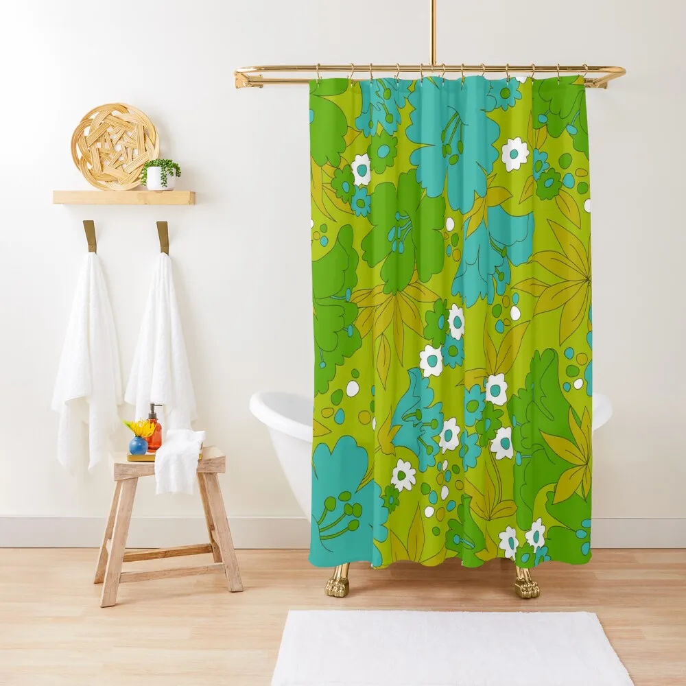 

Green, Turquoise, and White Retro Flower Pattern Shower Curtain For Bathrooms With Beautiful Designs In The Bathroom Curtain