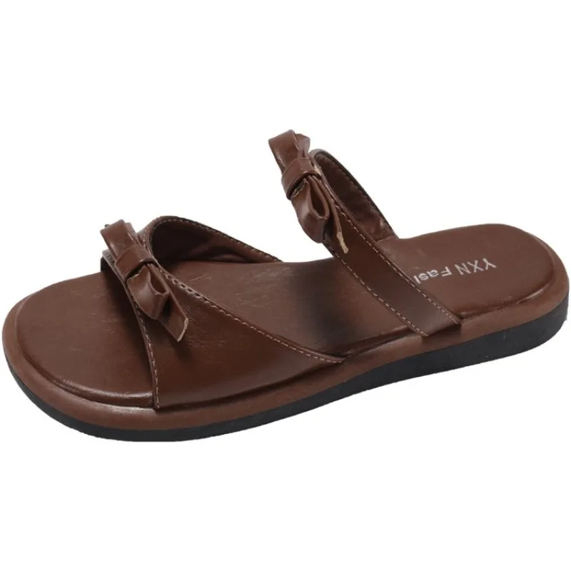 Sommer Damen Schleifendekor Pantoletten Doppelriemen Flache Sohle Offene Zehen Rutschfeste Alltags-Freizeitschuhe für Strand und Spaziergänge