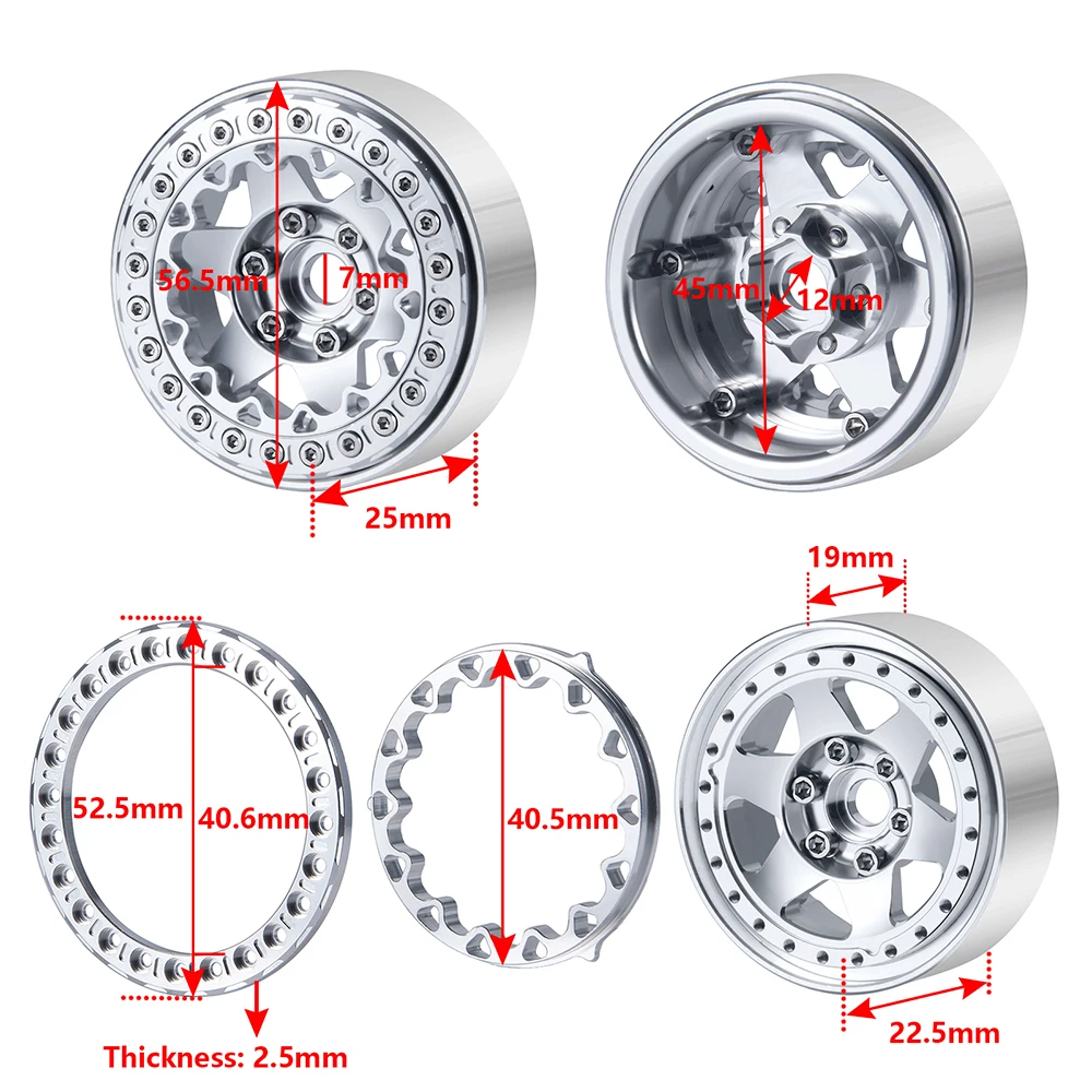 MIBIDAO 4Pcs 1.9 inch Beadlock Wheel Rims & Outer Rings for 1/10 RC Crawler Car Axial SCX10 90046 AXI03006 TRX4 D90