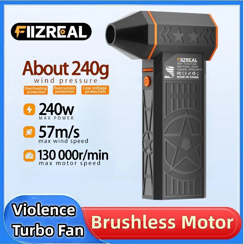 Ventilador turbo sem escova fiizreal x50, 240w, portátil de alta velocidade, 8000mah, recarregável, 57 m/s, typhoon, vento tipo-c, carregamento, ventilador de acampamento