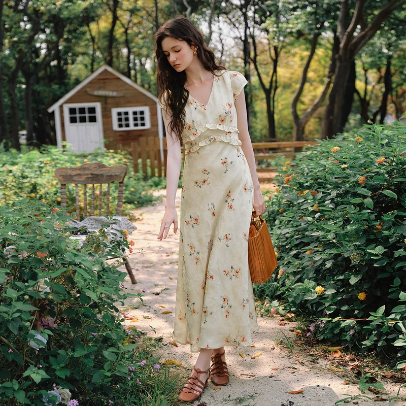 

OLrain Dresses 2025 Summer Woman V-neck French Midi Floral Waist Elegant Women's Dress Frill Trims Woman Clothing O57XL99133