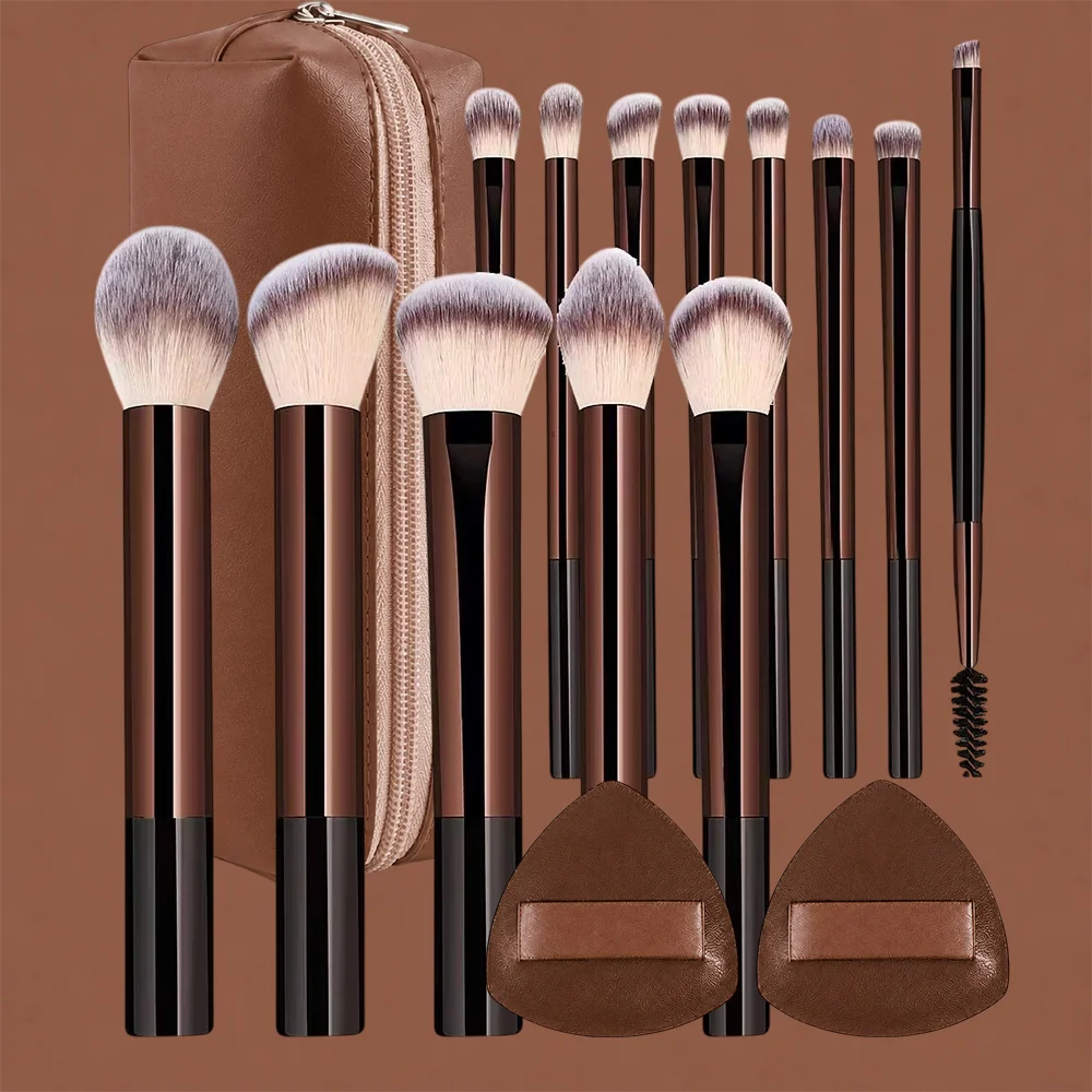 16PcsProfessional Makeup Brush Set With Bag and 2 Puffs Cosmetic Brush Set, Metal Frame, Multiple Brushes