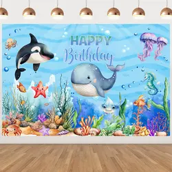 Ocean Happy Birthday Background Summer Under The Sea Theme Birthday Party Decor Kids Dolphin Whale Wall Backdrop Party Supplies