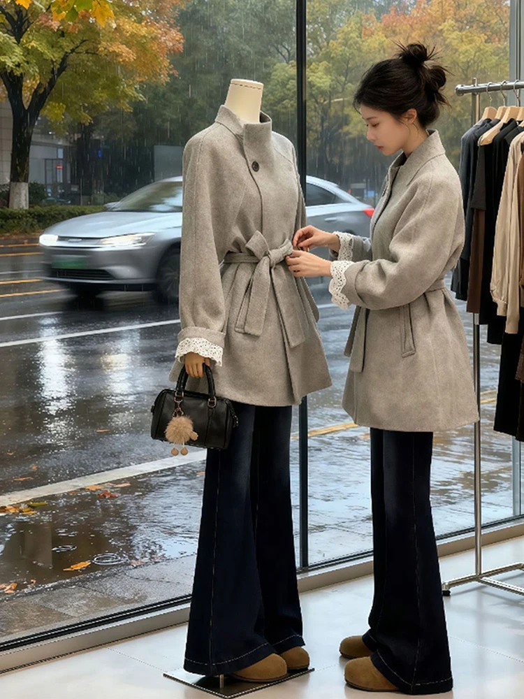 

Корейская версия, серое шерстяное пальто с воротником-стойкой, женское осенне-зимнее пальто 2021, новая элегантная куртка со шнуровкой на талии