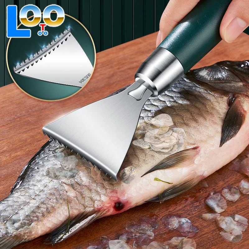 Pelapatate per pelle di pesce Raschietto per squame di pesce in acciaio inossidabile Manico in ABS antiscivolo Accessori da cucina portatili Raschiatura della pelle seghettata
