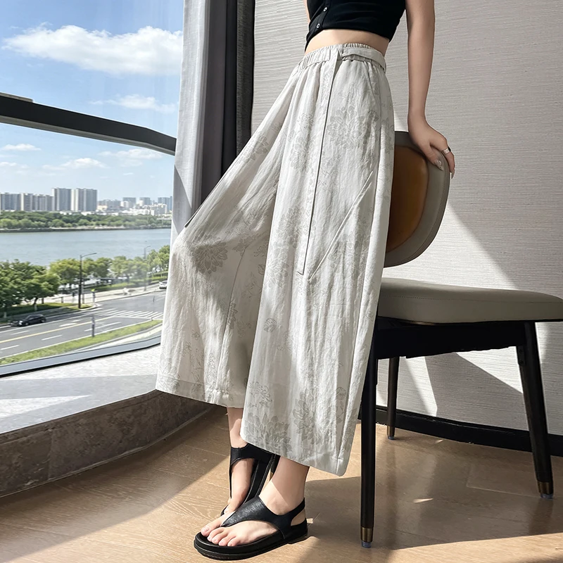 YZJNH 2026 summer new versatile loose cropped wide leg pants, retro linen printed casual pants for women with lining