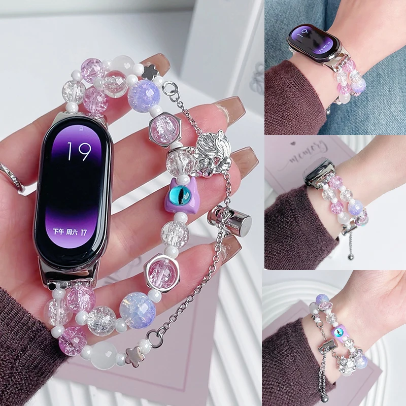 Purple Eye Bead Watchband for Xiaomi Mi Band 9 8 Adjustable Women Bracelet for Miband 7 6 5 4 3 Watch Strap Jewelry Accessories