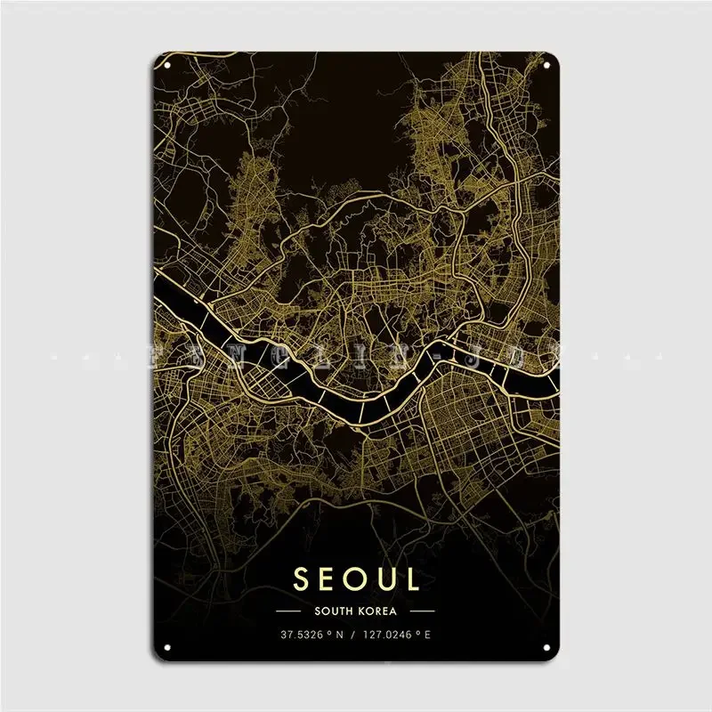 Seoul City Map Gold Metal Plaque Poster Wall Pub Pub Garage Retro Plaques Tin Sign Poster