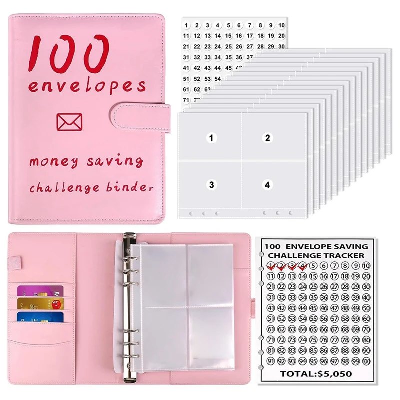 

100 Envelopes Money Savings Challenges Book,Storage Budgeting Binder Budget Book Cash Saving Challenge Box Kit Easy To Use