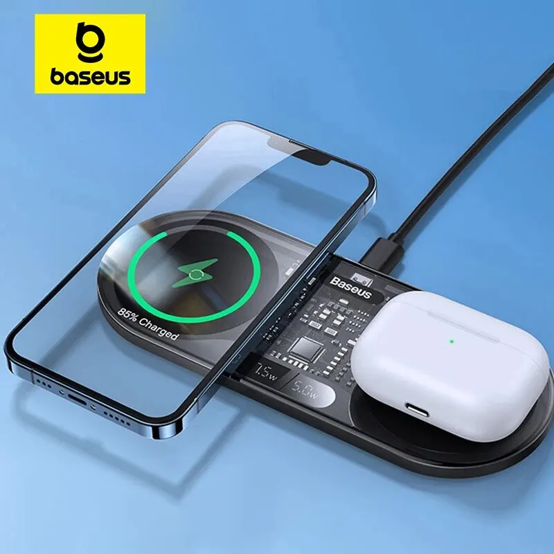 Baseus 20W Dual Wireless Charger Fast Qi Wireless Charging Digital LED Display For iPhone 15 14 Airpod Pro Samsung Charging Pad