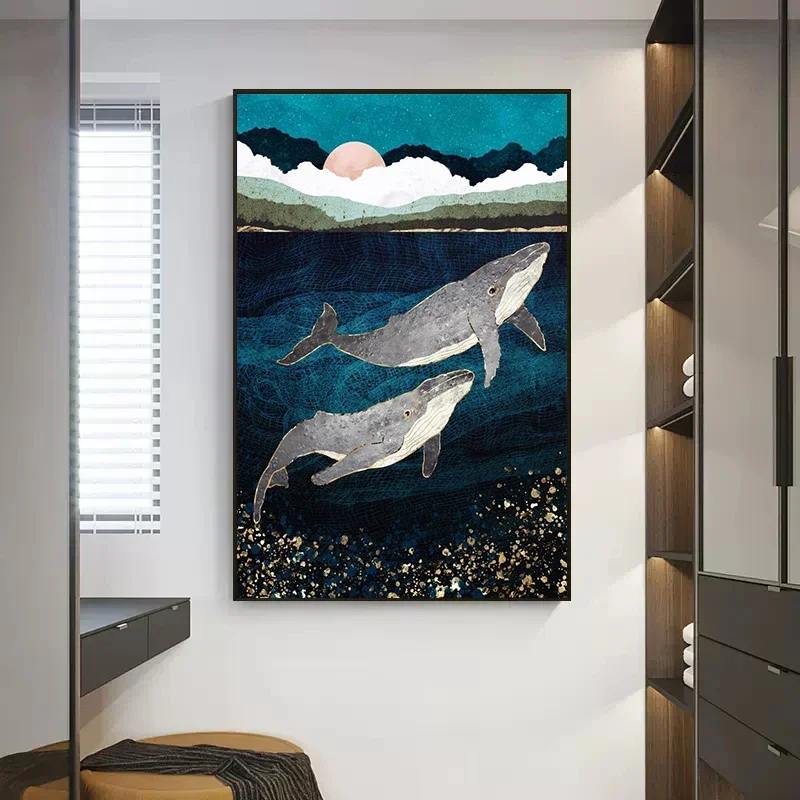 قماش اللوحة المحيط الحيوان الحياة البحرية جدار صورة مجردة معدنية الأخطبوط الحوت قنديل البحر الملصقات غرفة المعيشة ديكور المنزل