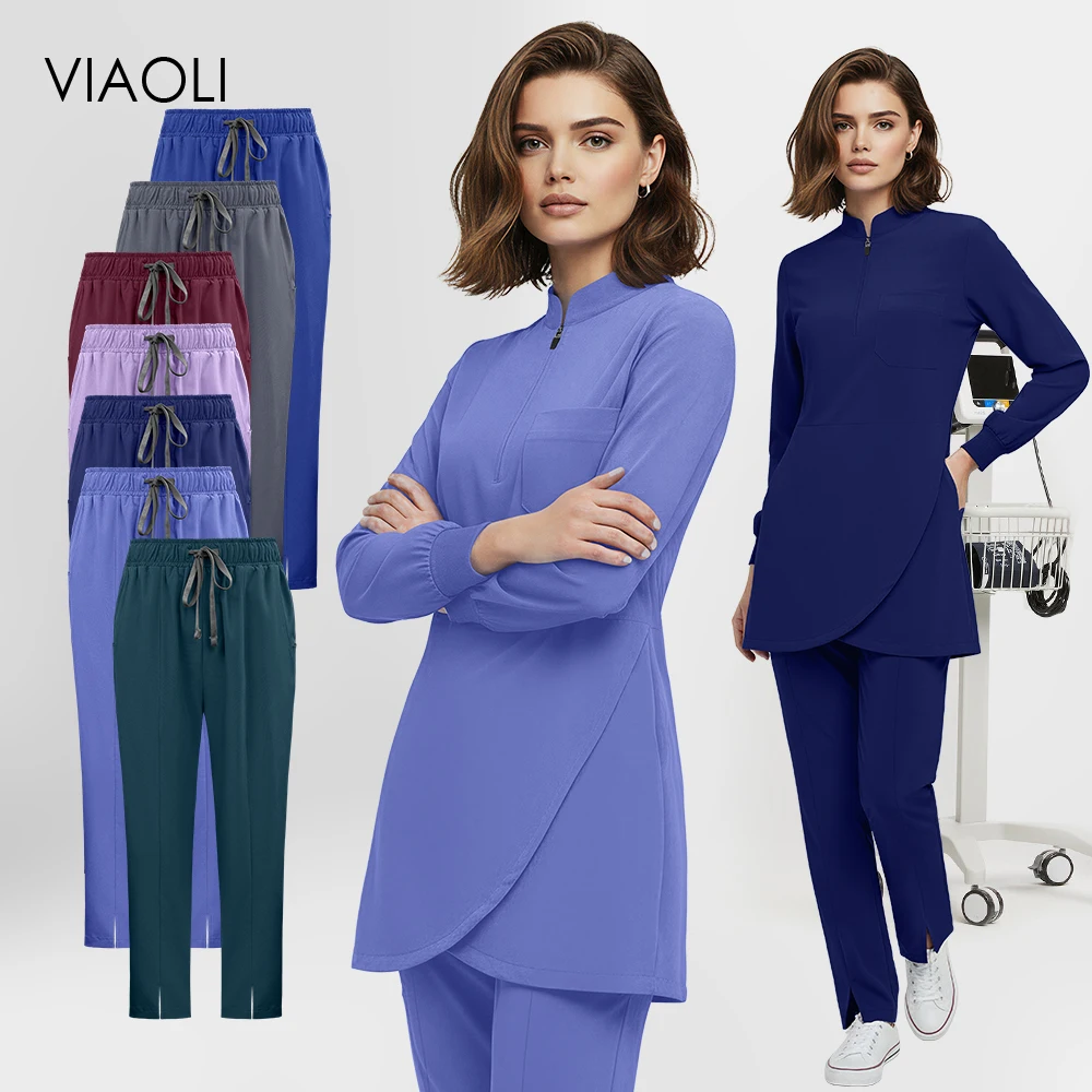 Nurse Scrub Long Sleeved Zipper Stand Up Collar Workwear Pharmacy Lab Coat Healthcare Dentist Scrub Surgical Uniforms Woman Soft