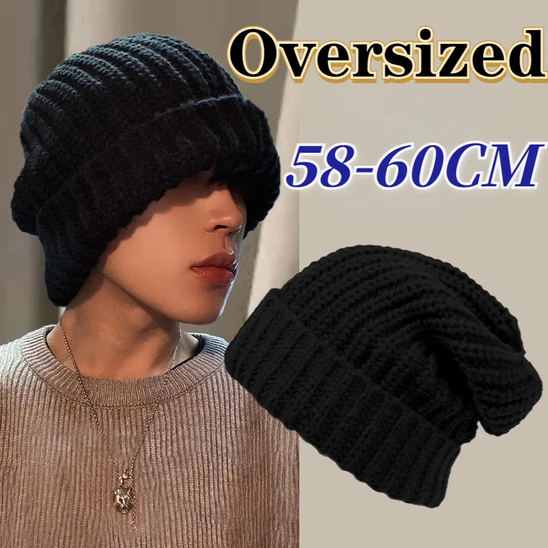 Korea New Oversized Big Szie Knitted Hat Men's Winter Large Size 58cm 60cm Warm Cold Ear Protection Beanies Skullies Caps Women