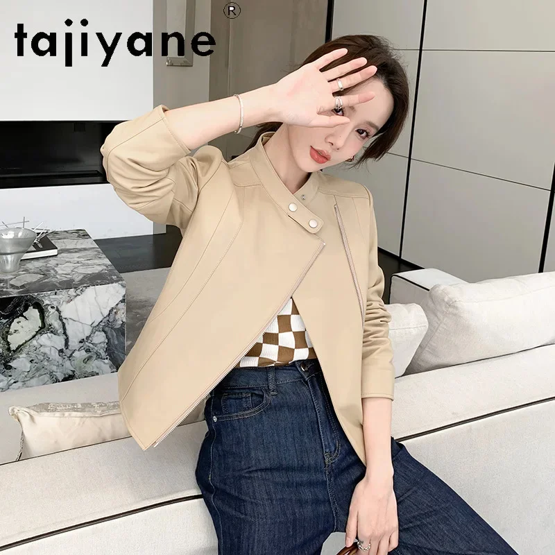 Tajeyane-Chaqueta corta de piel de oveja auténtica para mujer, abrigo elegante de cuello redondo, 100%