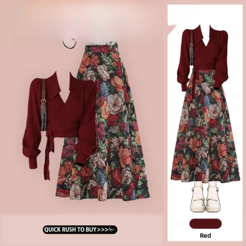 

Новинка Весна 2026: Винтажный комплект из свитера и юбки с цветочным принтом в гонконгском стиле для женщин, большие размеры, высокое качество