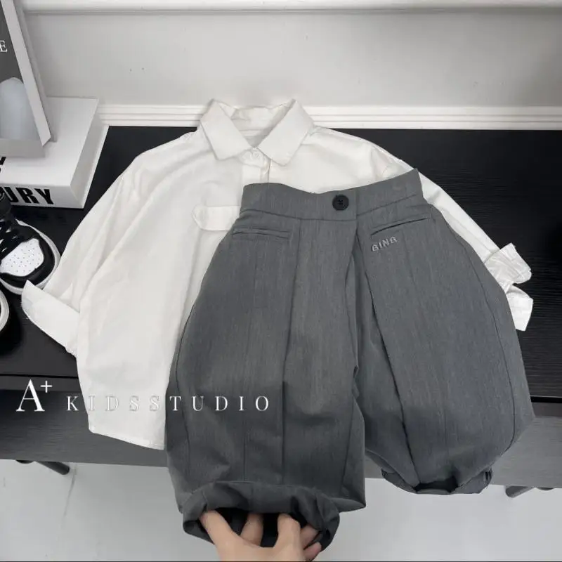 Boys' Clothing Set Spring New Children's White Shirt Versatile Western Pants Casual Pants Loose Korean Two Piece Set