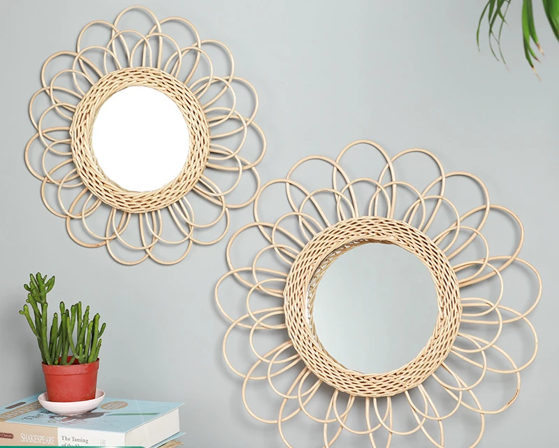 

Willow Weaving Decorative Mirror Rattan Weaving Mirror Homestay Wall Decoration Living Room Bedroom Makeup Mirror Home Decor