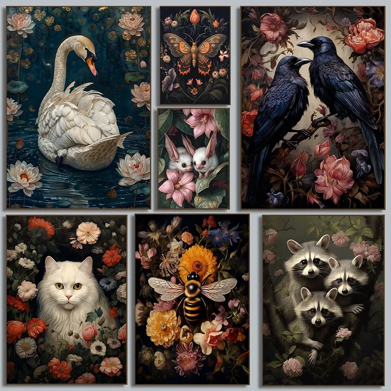Dark Academia Plant Flower Animal Moth Fox Albino Fruit Bats Hare Poster Canvas Printing Moody Goth Vintage Wall Art Room Dec