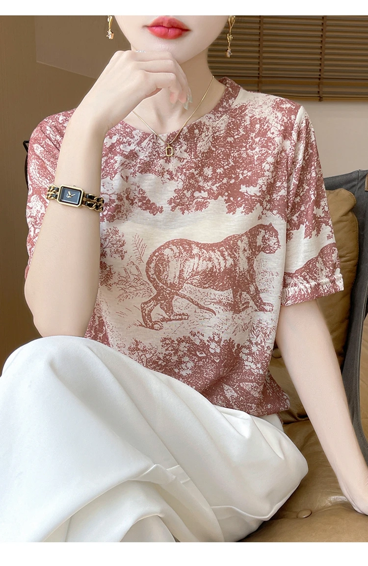 Summer New Women's Round Neck Printed Knitted Short-Sleeved Thin T-shirt Loose Bottoming Shirt