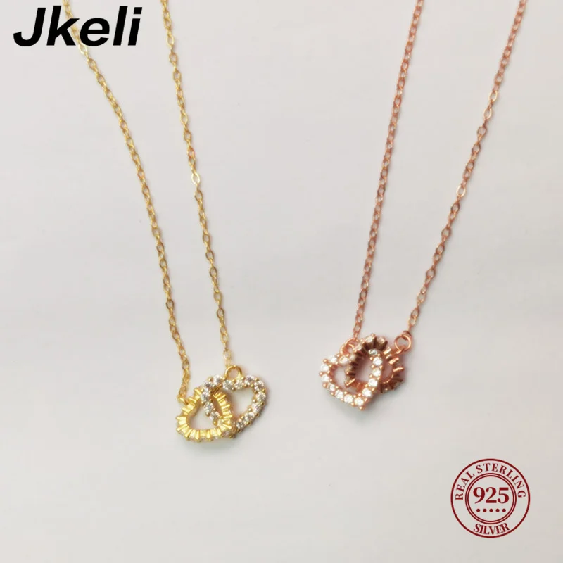 Jkeli Double-ring heart-shaped Necklace 925 Sterling Silver Full Diamond Love Pendant Niche Rose Gold  New Style