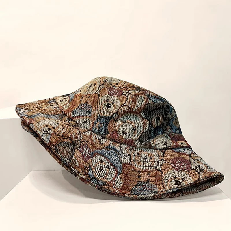 Cute Bear Print Bucket Hat Summer Outdoor Sports Travel Beach Fishing Sun Hat Unisex Adjustable Bucket Cap
