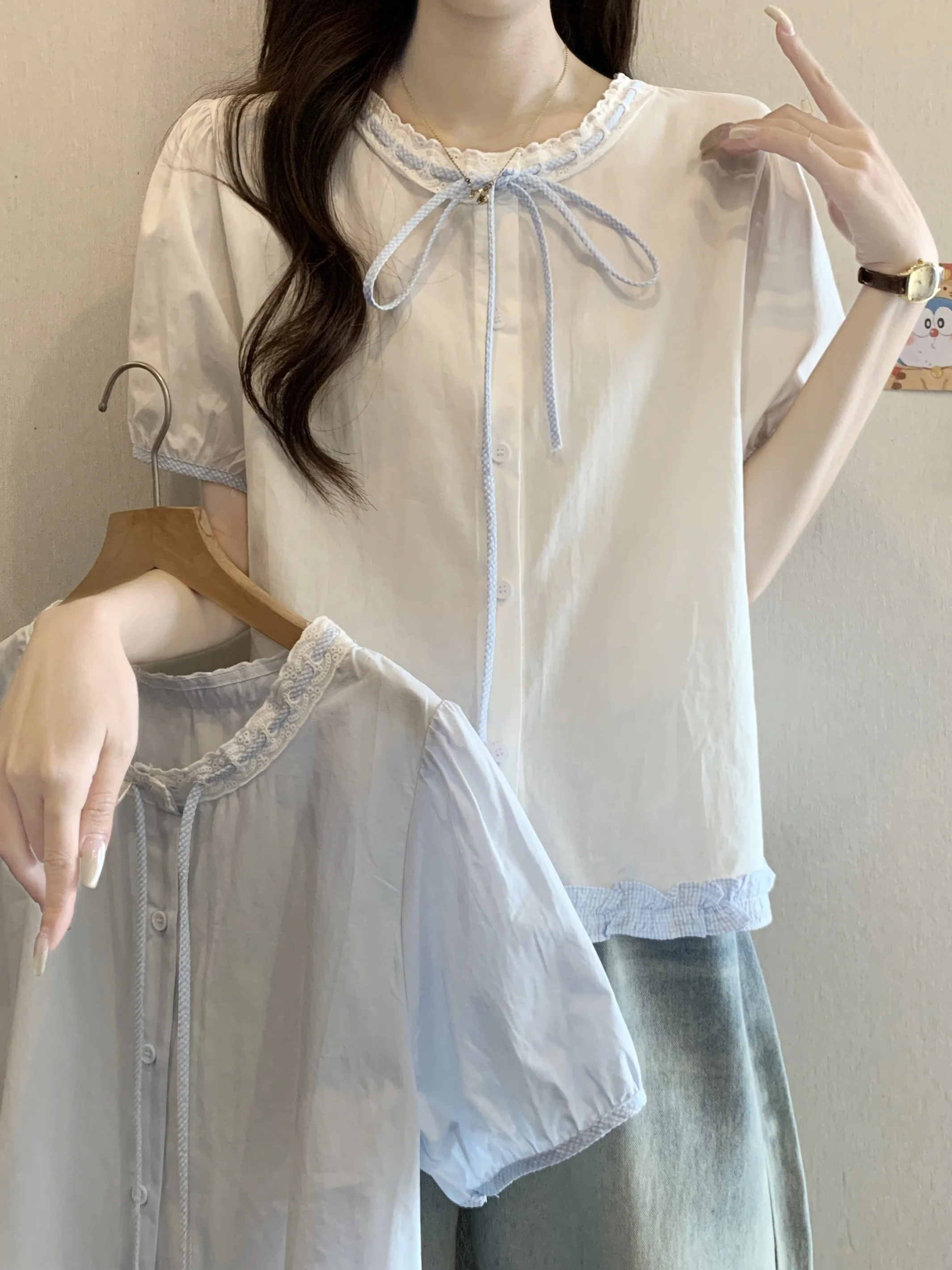

Slimming Plaid Short Sleeve Shirt for Women with Bowknot Design Korean Style Loose Fit Sweet Youthful Top Summer 2026