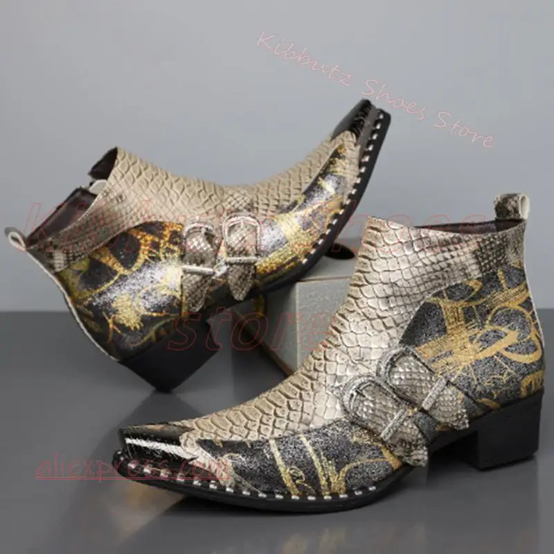 Metallic Ankle Boot Pointed Toe Crocodile Embossed Snake Print Studded Side Zipper Block Heel Mixed Color Fashion Luxury Concise