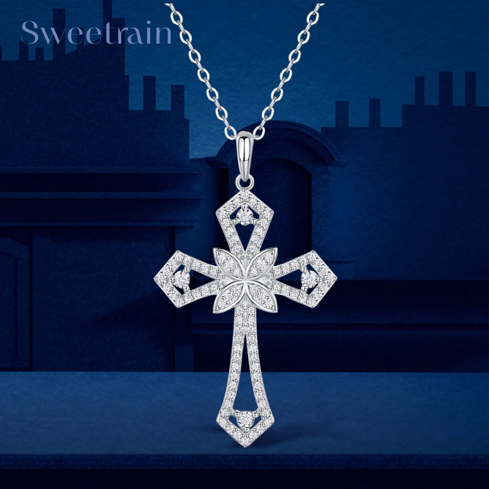 

Sweetrain Moissanite Cross Pendant Original S925 Sliver Necklace Charm Bling Exquisite Necklaces Jewelry Fashion Gifts for Women