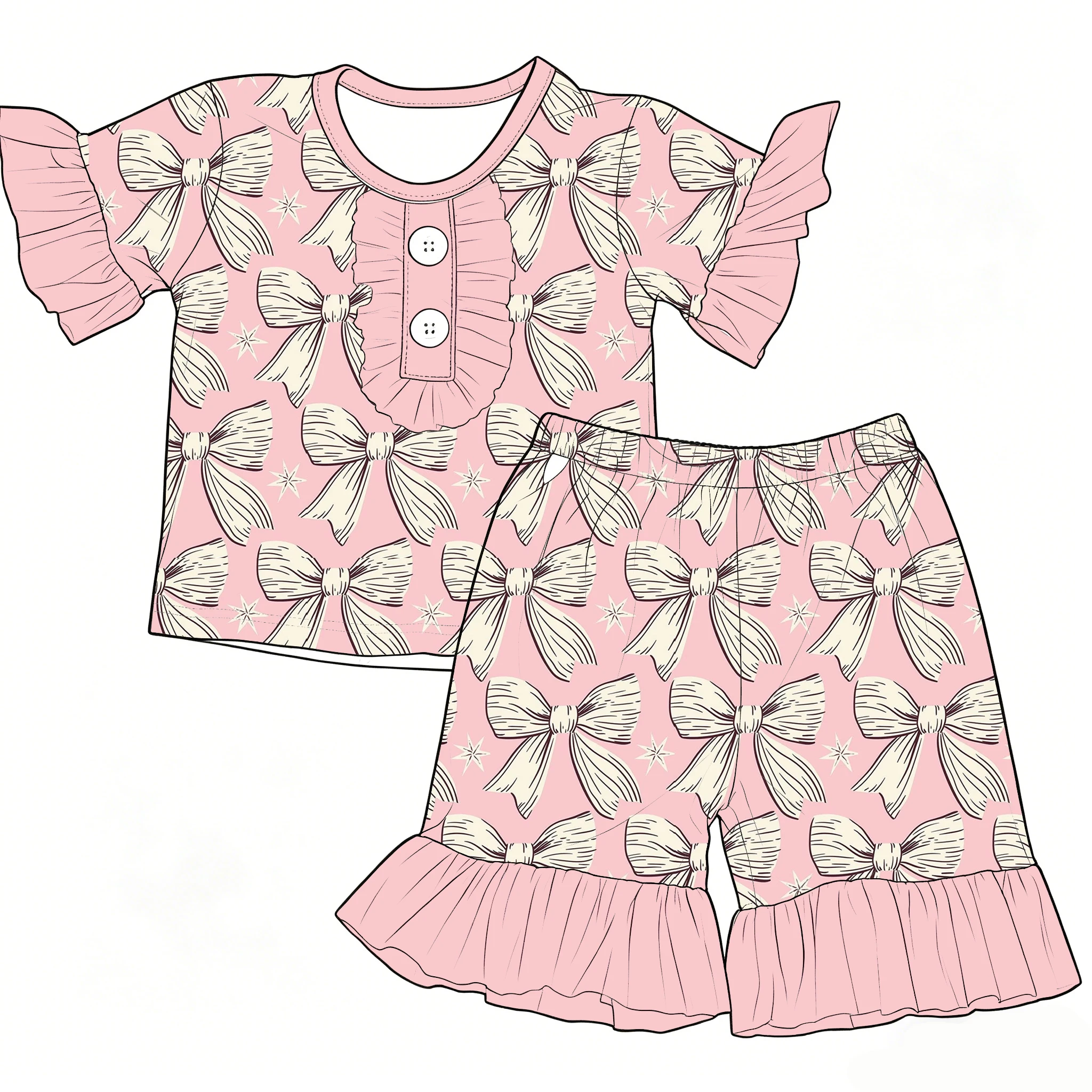 Boutique Girls Set short sleeve shorts Ruffled buttons Hearts and bows prints girls set custom wholesale