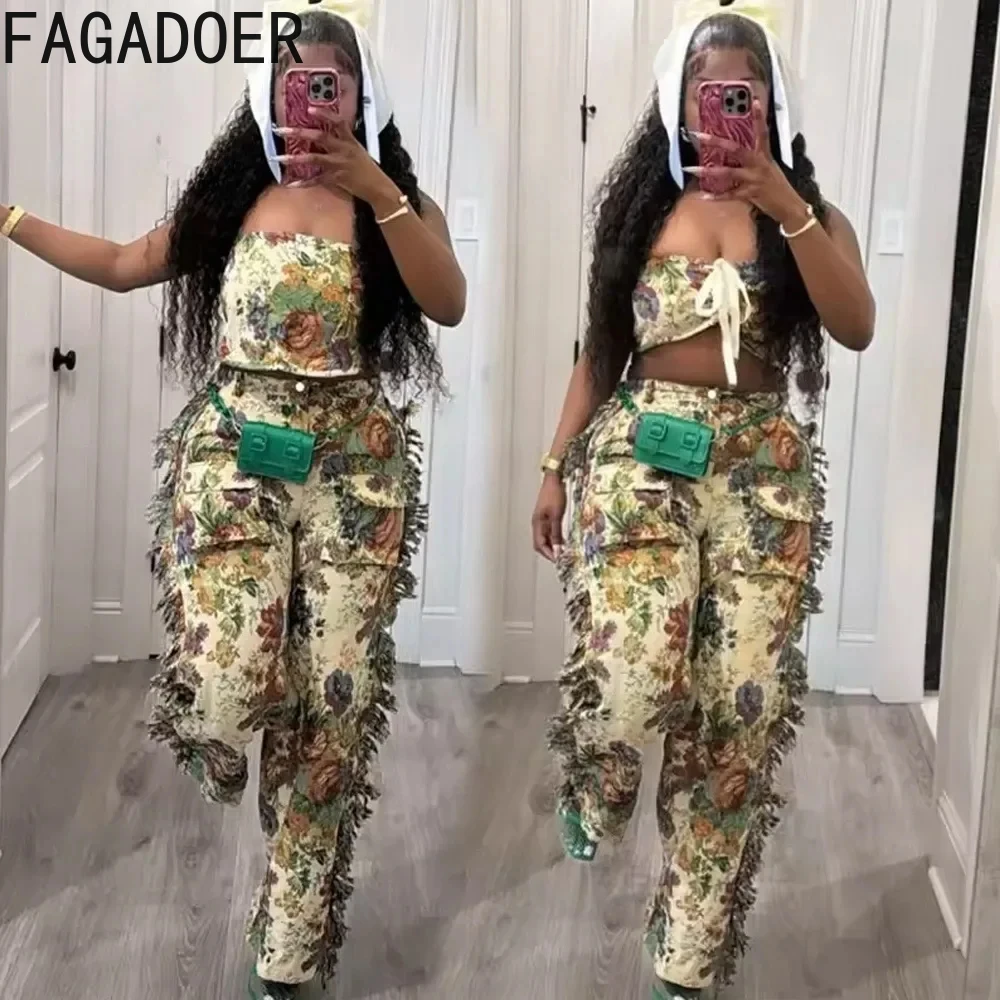 

FAGADOER Vintage Printing Sexy Tassels Straight Pants Two Piece Sets For Women Lace Up Tube+Trousers Outfits Fashion Streetwear