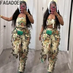 FAGADOER Vintage Printing Sexy Tassels Straight Pants Two Piece Sets For Women Lace Up Tube+Trousers Outfits Fashion Streetwear