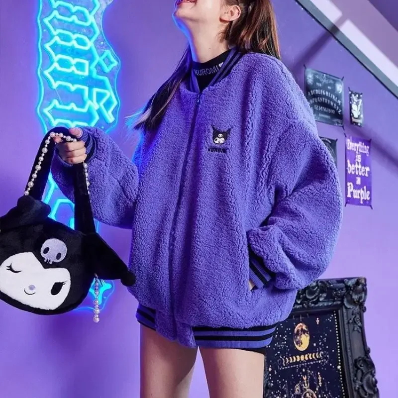 

Anime Kuromi Lamb Wool Baseball Jersey Autumn Winter Sanrioed Cartoon Plush Jacket Girls Student Coat Thicken Warmth Casual Tops