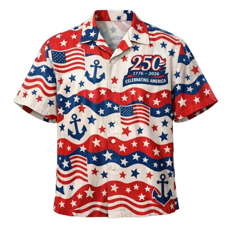 God Bless America 250 Year Hawaiian Shirt For Men 3D Print Eagle Flag Cross Short Sleeve Tops Summer Blouses Loose Aloha Shirts