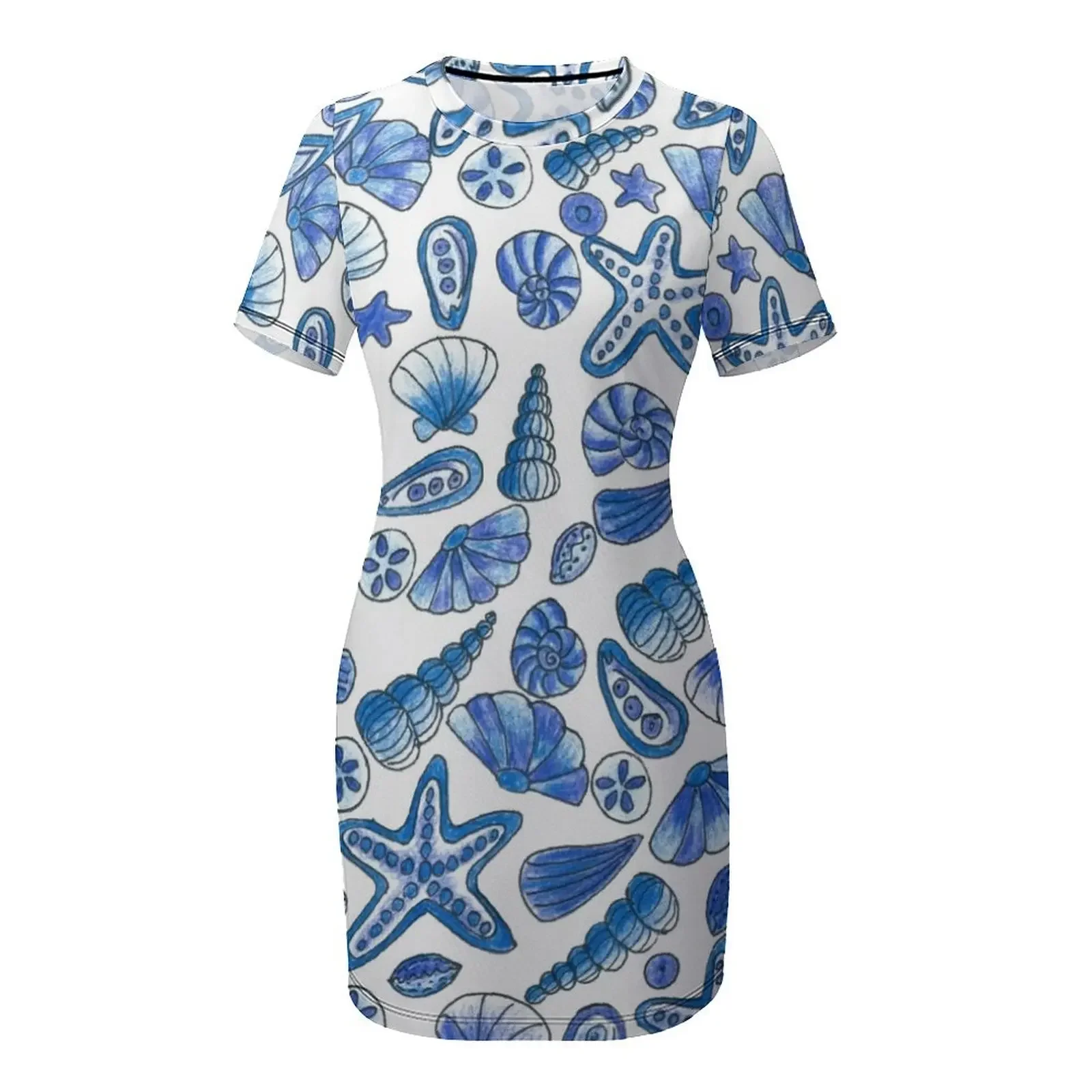 Blue Seashells Short-Sleeved Dress woman dress dress women elegant luxury prom dresses for women