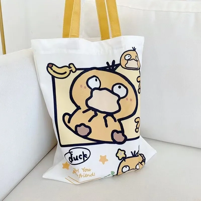 Bolsa de Ombro de Lona para Mulheres Pokemon, Pikachu, Psyduck, Squirtle, Reutilizável, Grande Capacidade, Bolsa Casual, Bolsa de Compras, Ladies