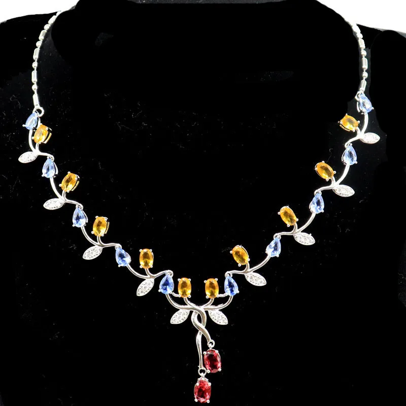 

38x24mm New Designed 15.5g Multi Color Golden Citrine Violet Tanzanite Garnet Pink Morganite CZ Silver Necklace 19-20in