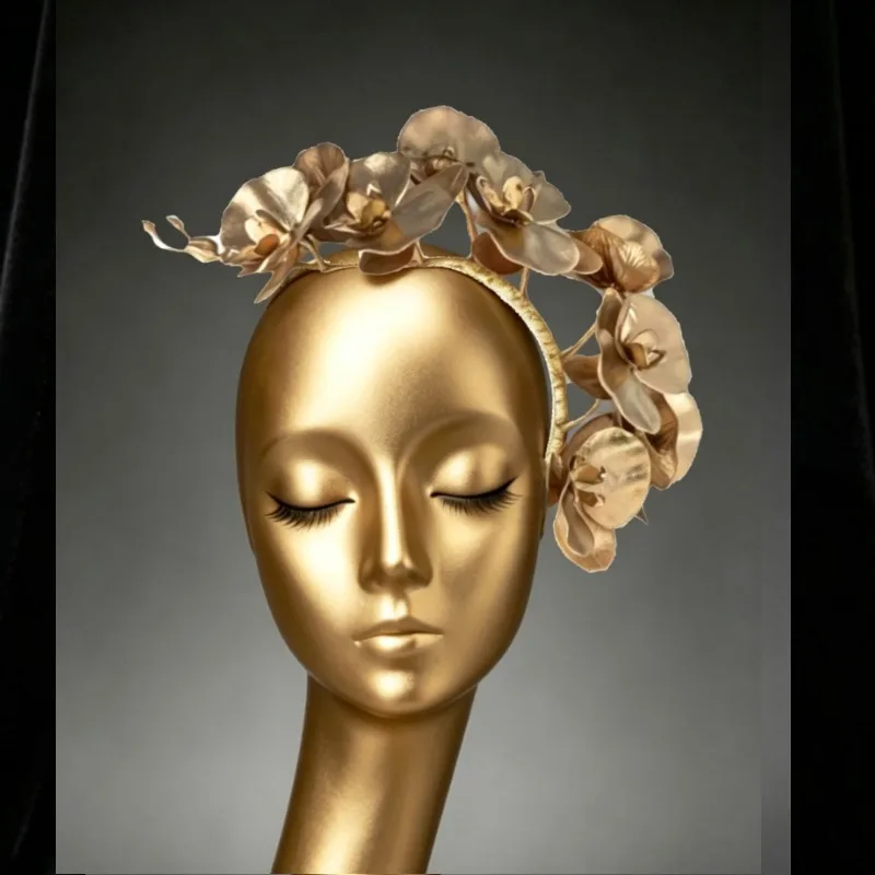 Matte Gold Orchid Fascinator Headband, 3D Floral Asymmetrical Hair Accessory for Boho Wedding Bridal Photoshoot Evening Party