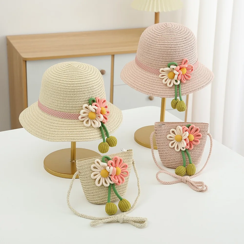 Straw hat for kids summer girls beach hat children\'s sun hat kids holiday travel straw hat bag set sunshade sun hat summer princ