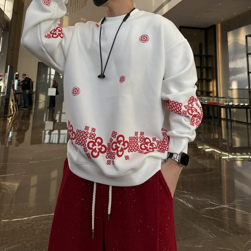 

Термо-худи с круглым вырезом и флисовой подкладкой, удлиненный рукав, для празднования Китайского Нового года, уличная одежда, базовый слой S...