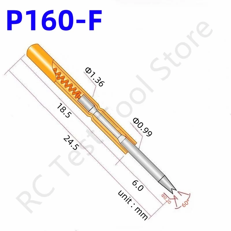 

100PCS P160-F1 Spring Test Probe Pogo Pin Test Pin Dia 1.36mm Tip Dia 0.99mm Length 24.5mm P160-F Test Tool PCB Test