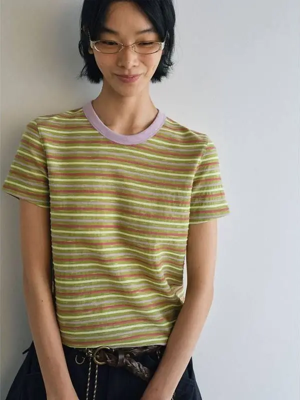 

Hello September Retro Cotton Blend Striped ort Sve T-irt Women's Casual Fit round Ne Pullover V933