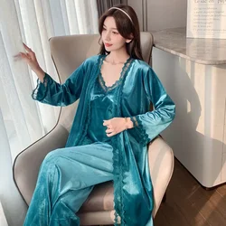 3PC Velour Pajamas Set Women Lace Sleepwear Suit Spring Autumn Velvet Nightwear Lounge Wear Pyjamas Nighties Home Clothes