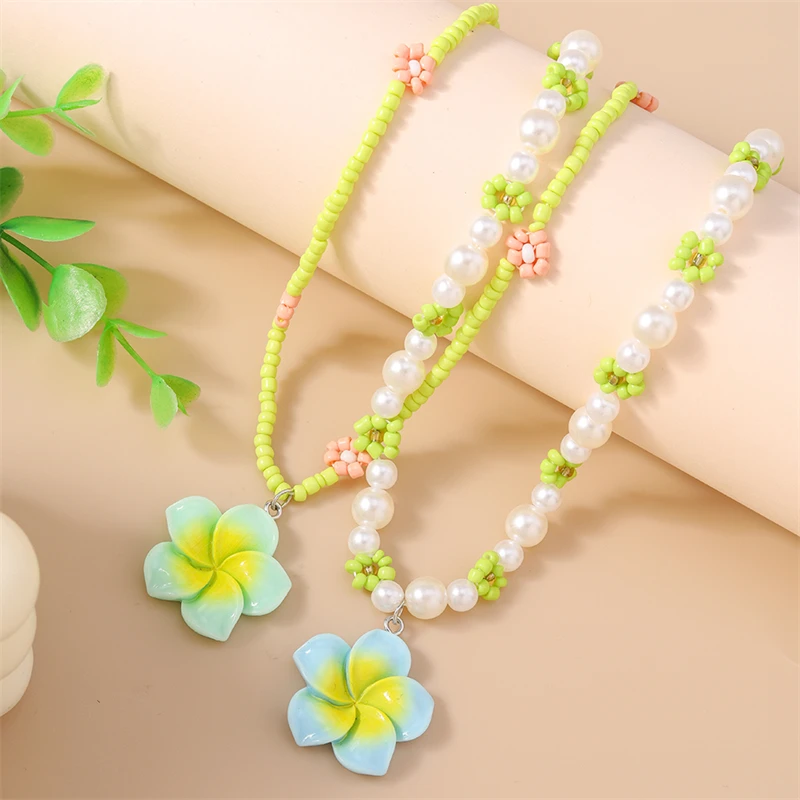 2-teiliges Set Modische Handgefertigte Perlenketten für Frauen, Blumenanhänger-Halsketten, Schmuckgeschenke für Mädchen, Party, Festival – Detail 4