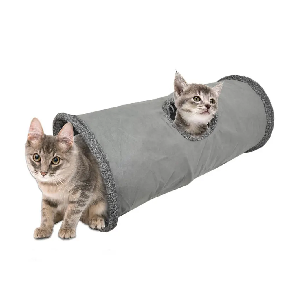 

Pet Foldable Cat Tunnel Nest Grey Suede Fabric Spacious Cat Bed House for Kittens Puppies Rabbits Indoor Outdoor