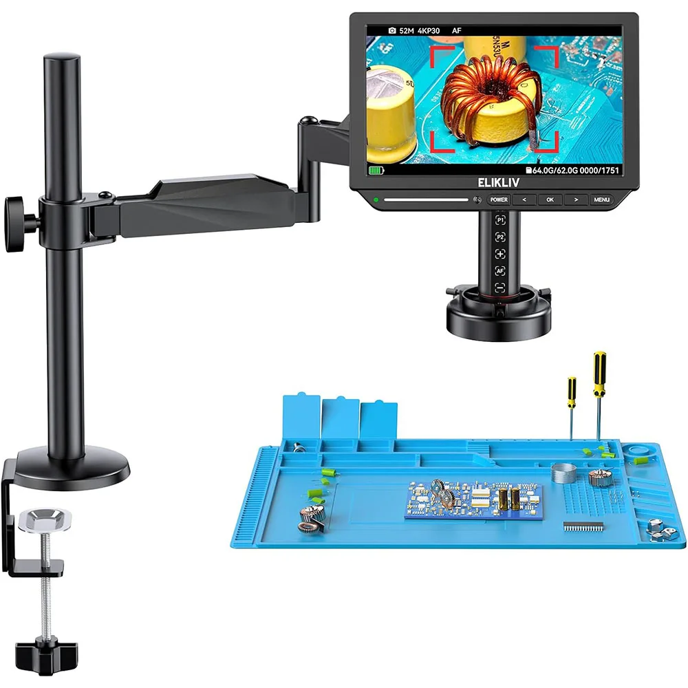 Elikliv EM4K-AF Flex10.1'' Autofocus Digitale Microscoop met Arm 4K Soldeer Microscoop voor Elektronica 2000X HDMI Microscoop